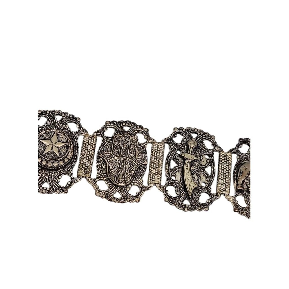Morocco Souvenir Bracelet Hashi Hand Elephants Stars Nimcha Sword Links Vtg - Picture 4 of 10